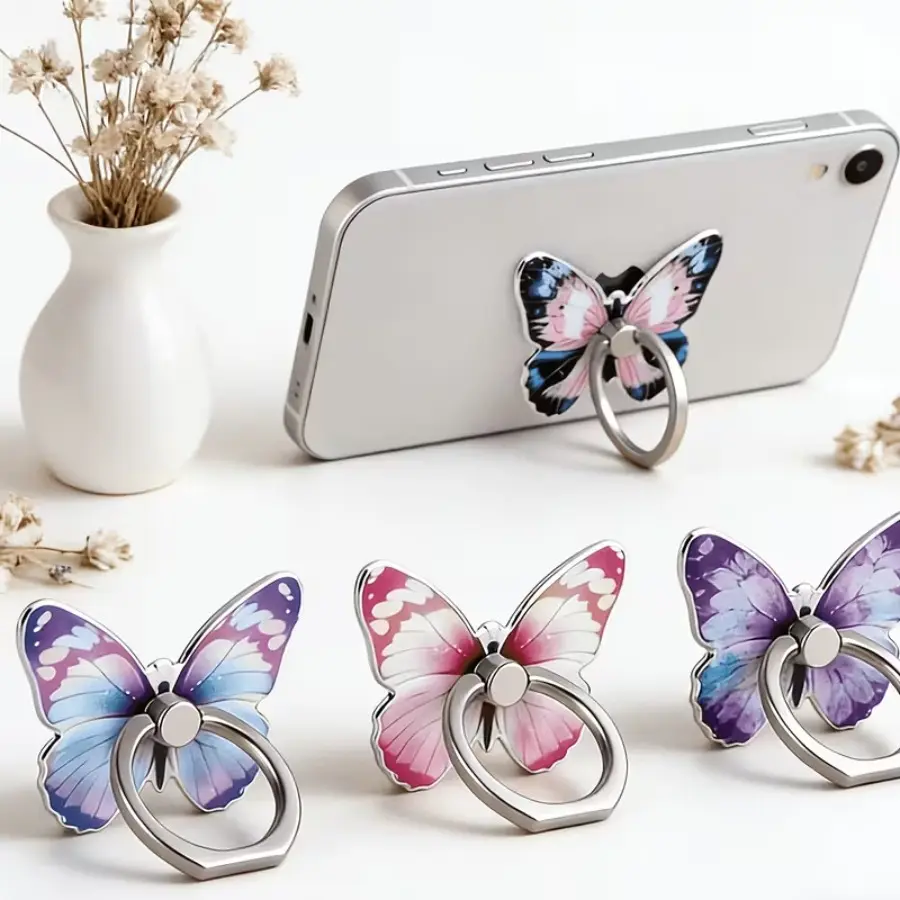 3-Piece Butterfly Mobile Phone Holder with 360° Rotating Ring Buckle, Adjustable Viewing Angle, Universal Compatibility, Metal Frame Mount Stand for Smartphones