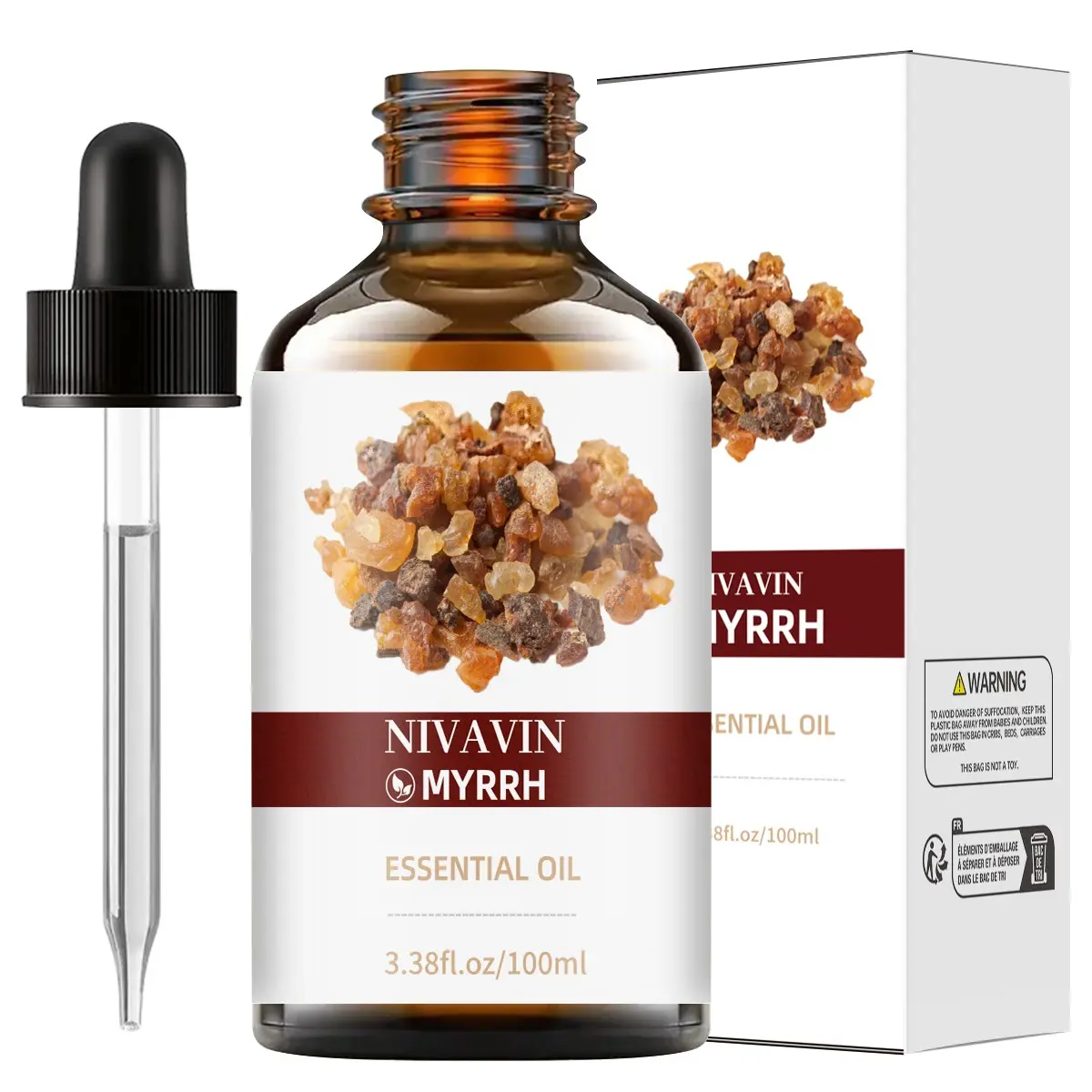 NIVAVIN Myrrh Essential Oil 100ml, Aromatherapy, made from 100% pure natural plant extracts, has woody fragrance, promotes restful sleep, long-lasting relaxing effect, suitable for home, office, excellent gift choice