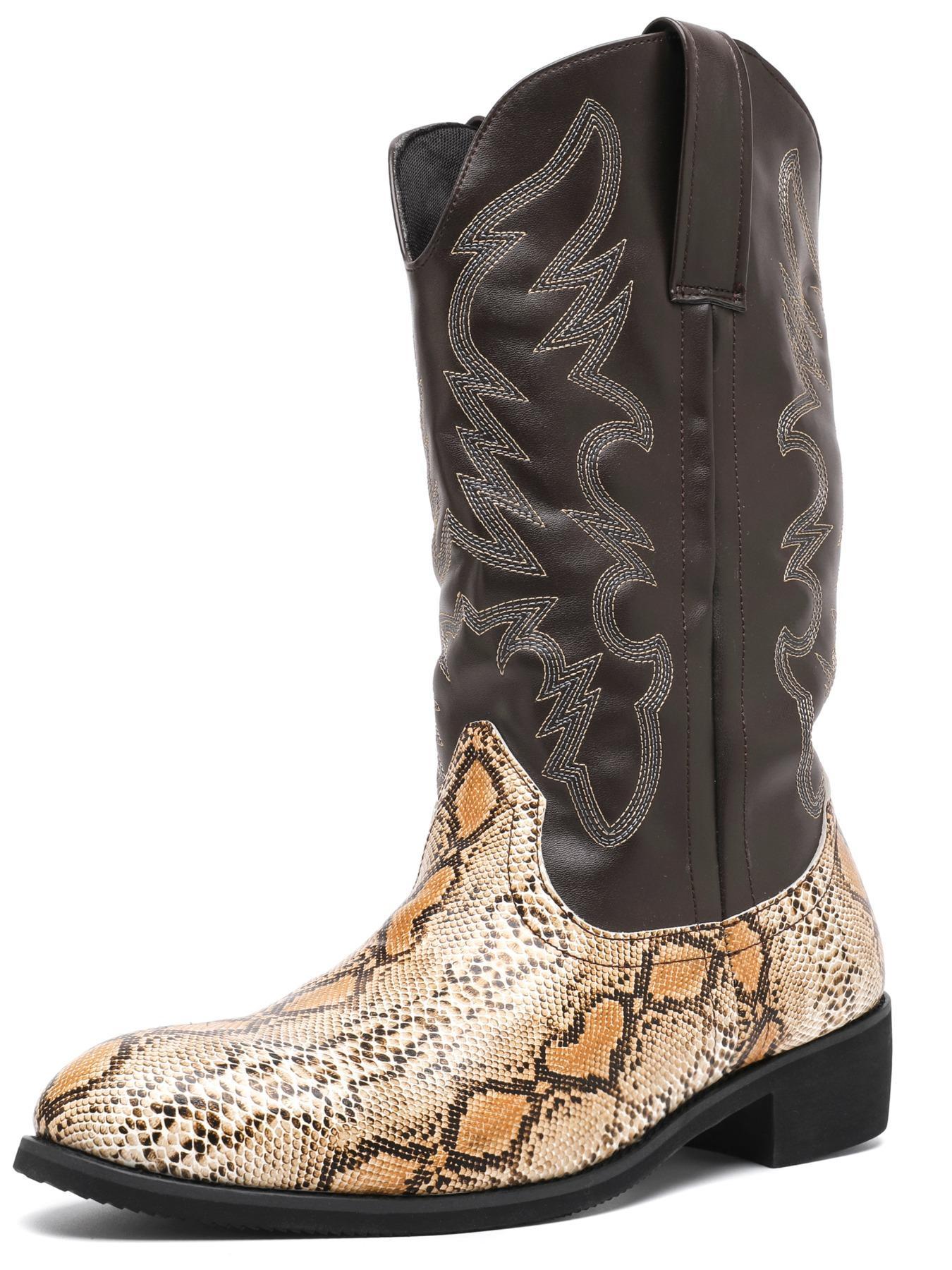 Men's Fashionable Snakeskin Print Embroidering Design Boots, Punk Style Cowboy Boots for Daily Wear, Western Embroidered Boots, Fashion Vintage Shoes for Party, Daily Clothing Decor Footwear
