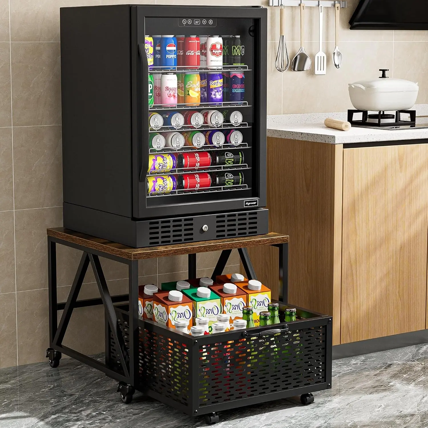 Mini Fridge Stand with Storage, Heavy Duty Fridge Cart with Drawer Basket, Mini Refrigerator Table for 220LBS, Mobile Fridge Stand with Swivel Wheels for Dorm, Home, Brown (Frame with Wheels)