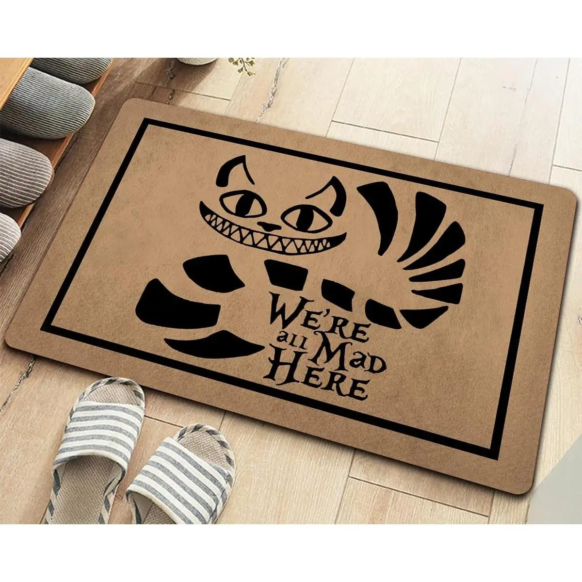 Funny Welcome Door Mats Decorative Area Rugs for Front Porch DecorWe're All Mad Here Personalized Monogram Kitchen Rugs and Mats with Anti-Slip Rubber Back Novelty Prank Gift Mat(24 X 16 in)