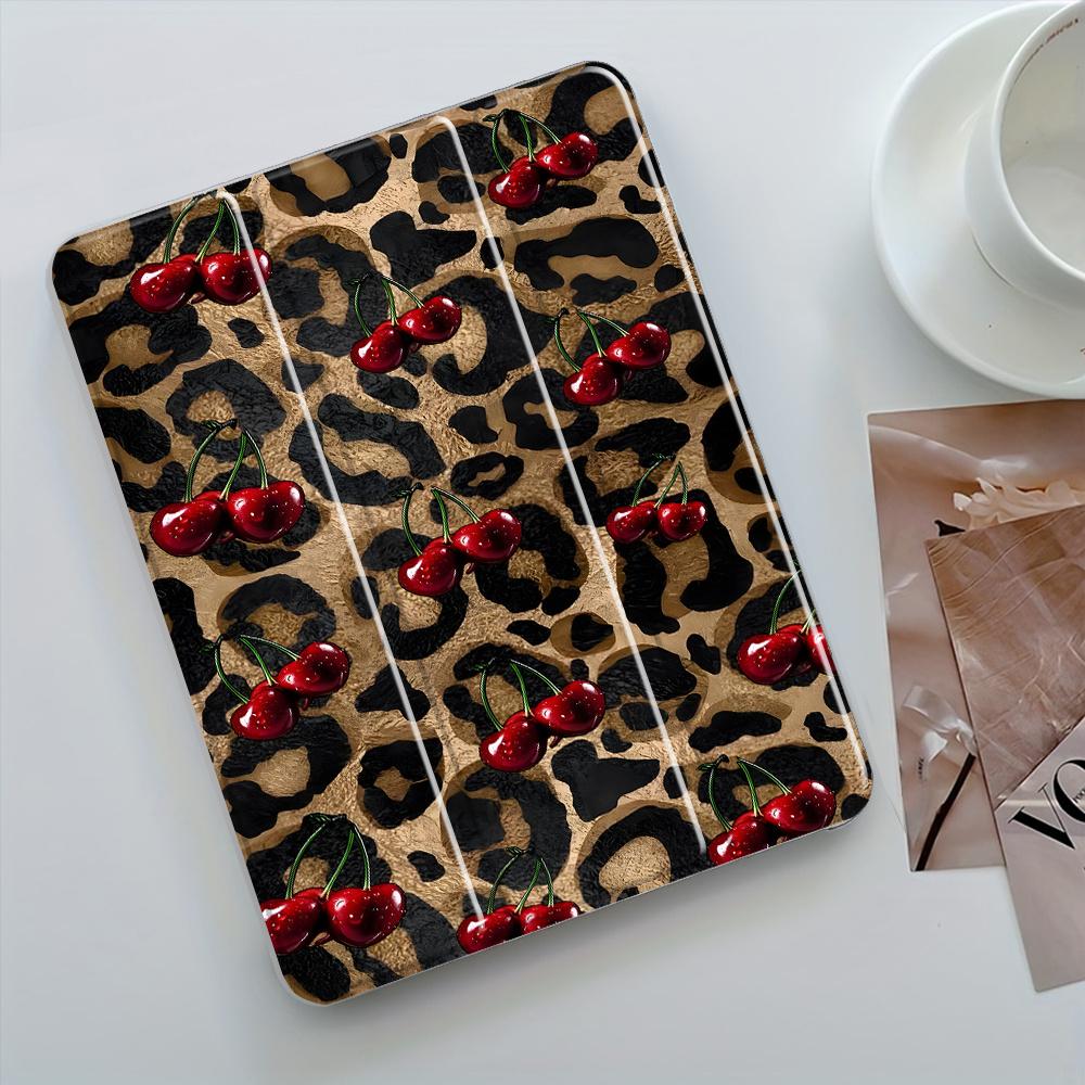 Personalized Leopard and Cherry Pattern Four-Corner Shockproof Tablet Case with Pen Slot, Foldable,Suitable for iPad Mini, Air, Pro 4,5,6,7(2017,2018,2019,2020,2021,2022,2023,2024,2025 models),and Samsung S6,7,8,9,10FE + A7 LTE tablet cases