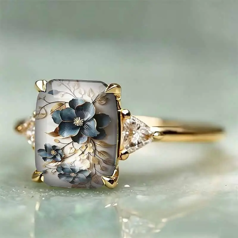 Vintage Floral Ring - Viral Euro-American Oil Painting Style Jewelry, Exquisite Blue & Gold Floral Pattern Niche Ring, Embossed Craft, Fresh Elegant Tone, Light Literary Aesthetic, Ideal For Daily Commute, Coffee Dates