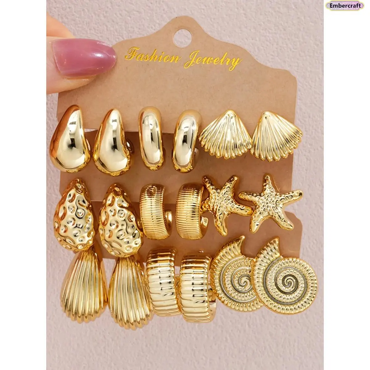 9-Pair Bohemian Earring Stack for Women, Coastal Geometric Jewelry with Seashell & Starfish Charms, Lightweight Set for Summer Beach Vacation