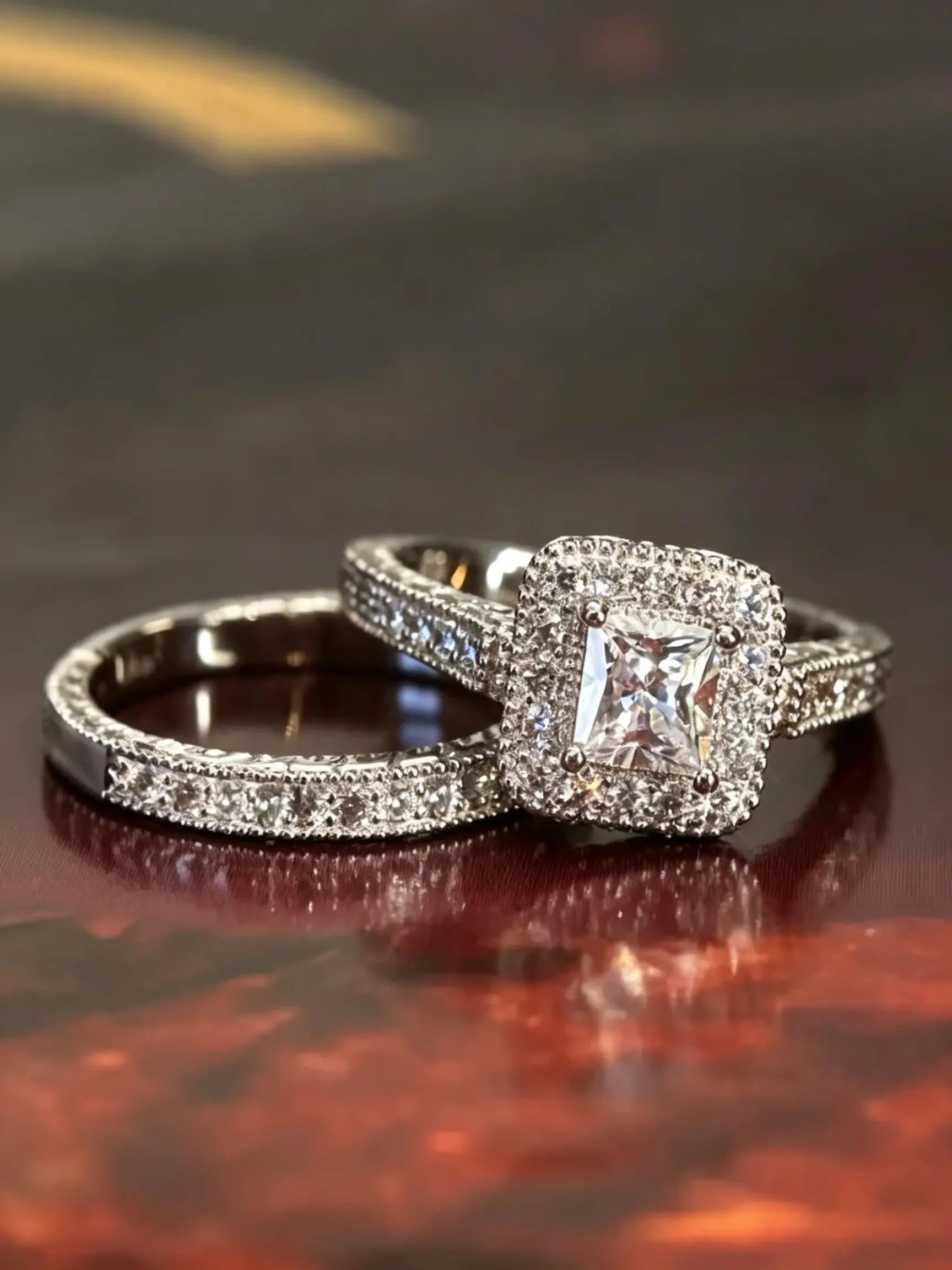 Sparkling Simulated Diamond Engagement Ring & Wedding Band, Vintage Princess 2-Piece Bridal Ring Set, Elegant Bride Jewelry for Women