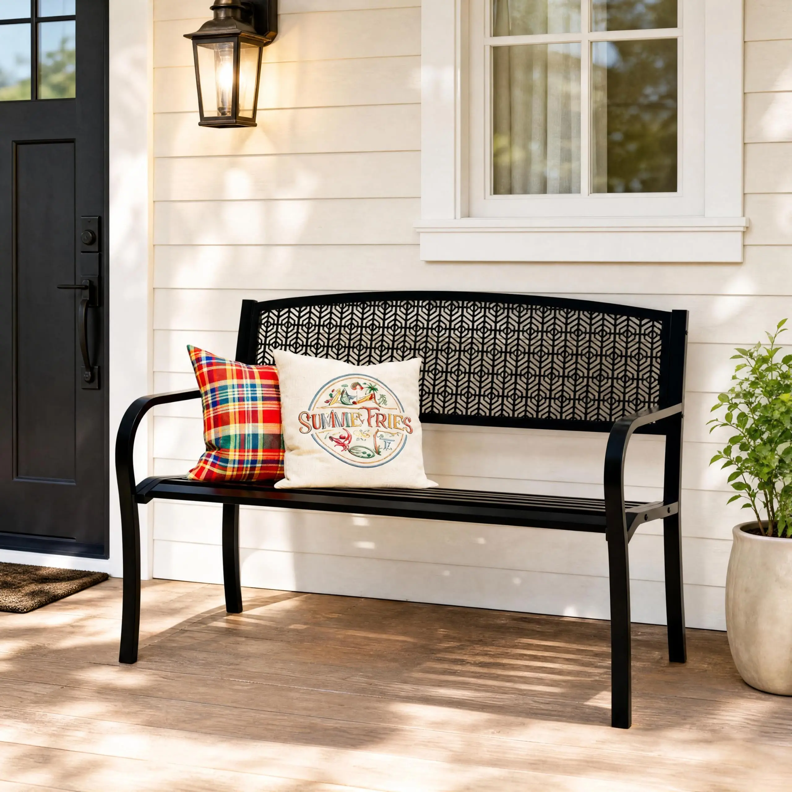 GARVEE 50" Outdoor Metal Garden Bench, Patio Steel Bench with Curved Backrest, Decorative Pattern, Weather-Resistant Porch Bench for Yard, Park, Deck, Backyard