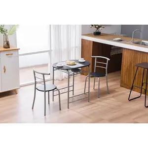 Black MDF Steel Breakfast Table & Chairs Set – Space-Saving Bistro Set for Kitchen, Dining Nook, Apartment, Coffee Shop – Heavy Duty 330lb Capacity, Easy Assemble, Arc Corner Design