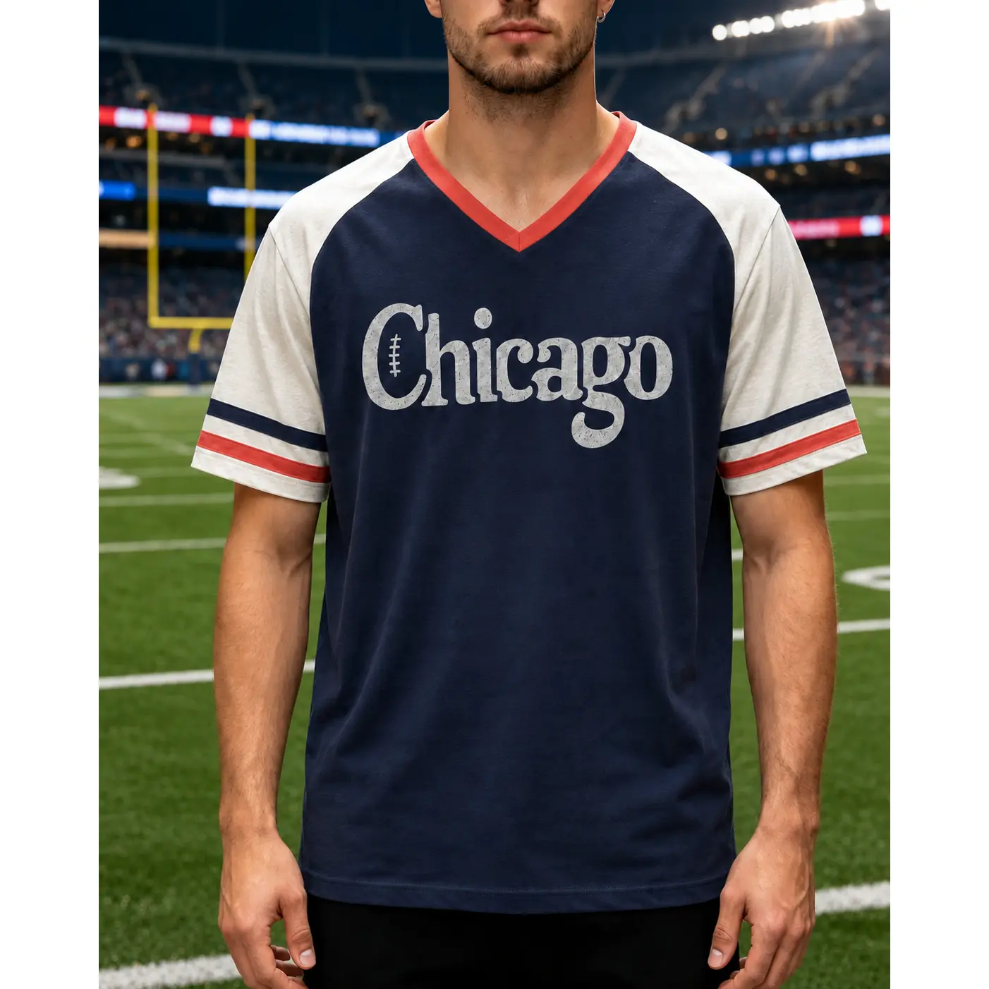 Unisex V-Neck Game Day Quick-Drying Tee, Vintage Distressed Football Graphic Casual Sports Jersey for Fans, Perfect Outfit For Stadium Tailgate & Match Watching