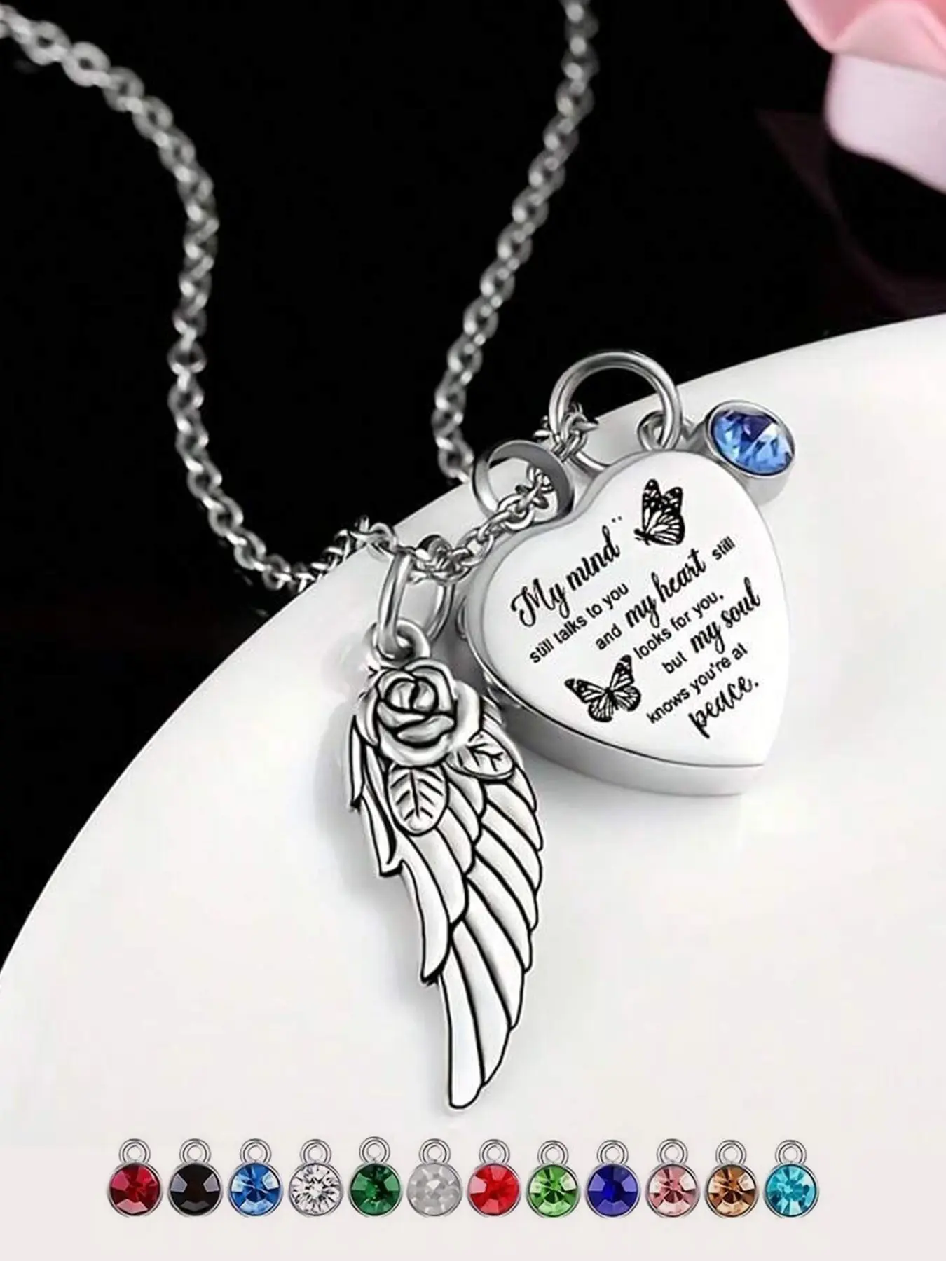 1 Pcs Cremation Jewelry Keepsake Heart Urn Necklaces for Ashes Angel Wings Memorial 12 Birthstones