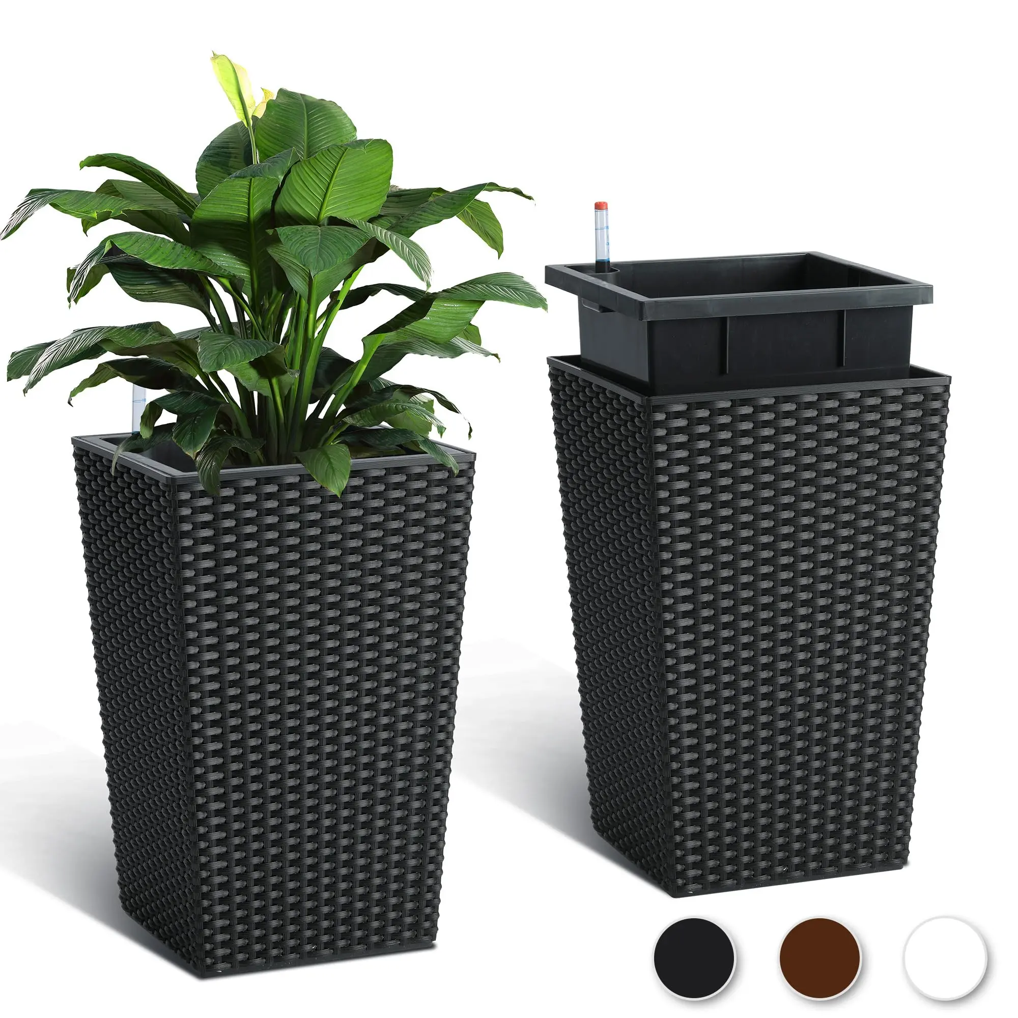 22.51 Inch Outdoor Indoor Planters Set of 2, Tall Planter Pots Rattan Large Flower Pot with Water Level Monitor & Wheels & Trays for Office/Patio