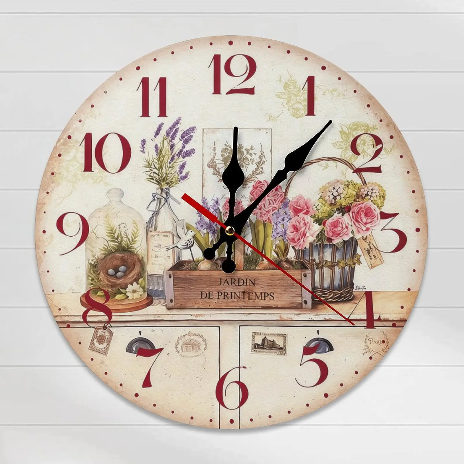 10/12 in Round Wood French Jardin de Printemps Floral Wall Clock - Easy Assembly, Vintage Cottage Farmhouse Home Decor, Room Decor