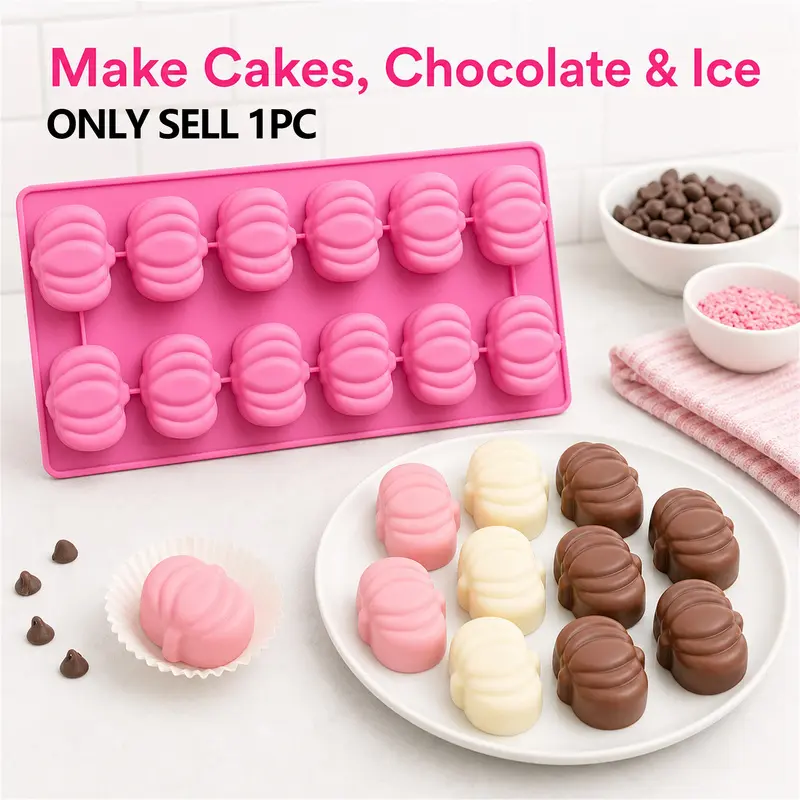 12-piece silicone mold for pumpkin chocolate candies, pumpkin-shaped ice mold, easy-release ice cube tray, heat-resistant and reusable, suitable for making pumpkin candies, soft candies, chocolates, jellies, cookies, candles, soaps, cake decorations, and
