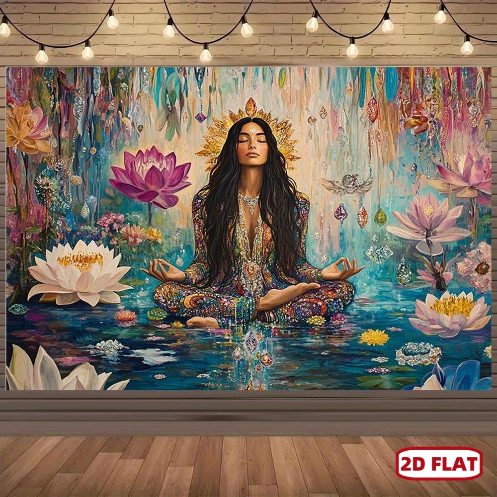 2D Flat Mystical Meditation Lotus Tapestry Vibrant Spiritual Wall Art with Serene Woman in Pose Colorful Flowers Butterflies Perfect for Christmas New Year Special Occasions Polyester Decor, Flat 2D, One-Piece