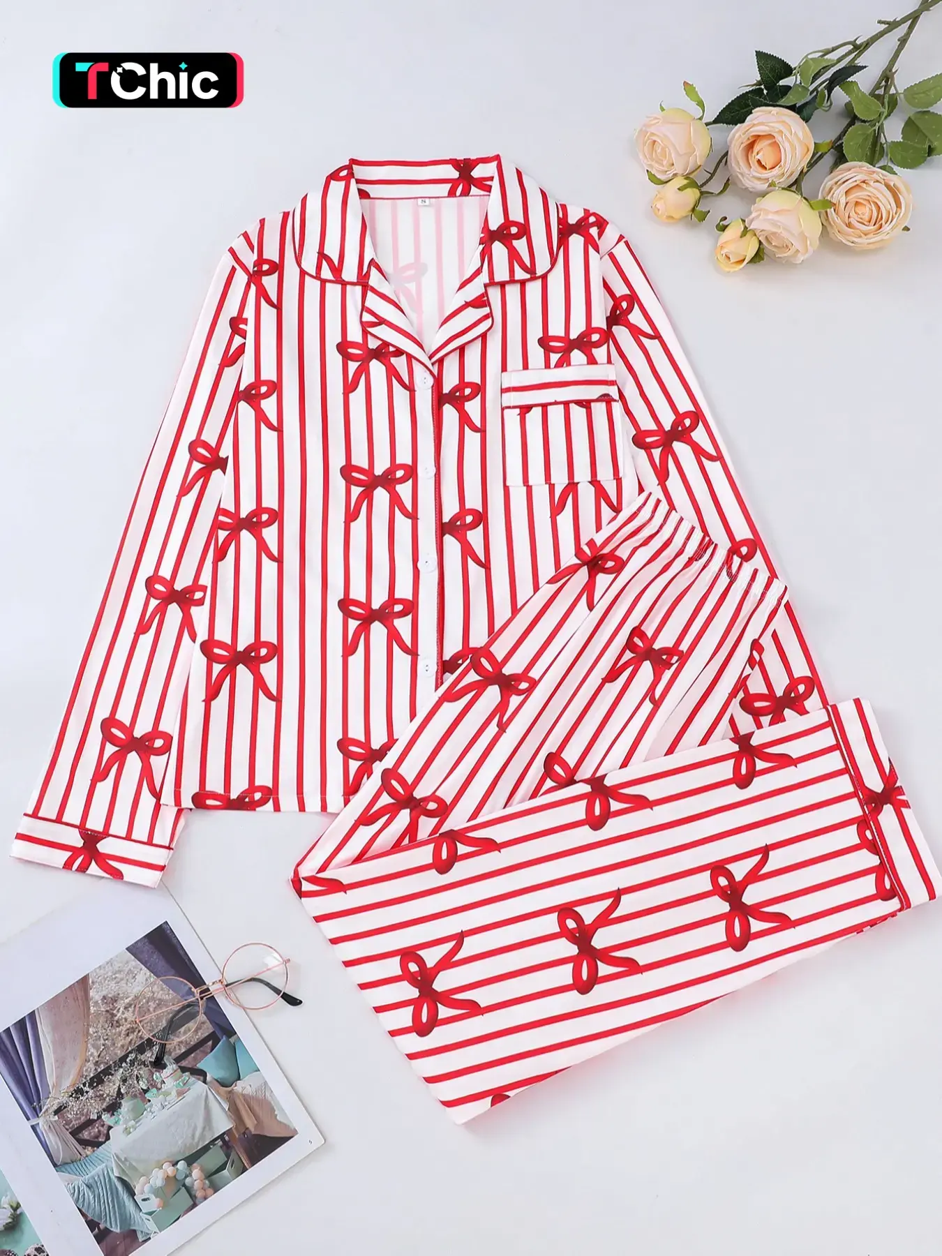Christmas Style Striped Bow Print Women's Long Sleeve Pajama Set, Soft Skin-Friendly Fabric, Loose Fit, Holiday Home Wear