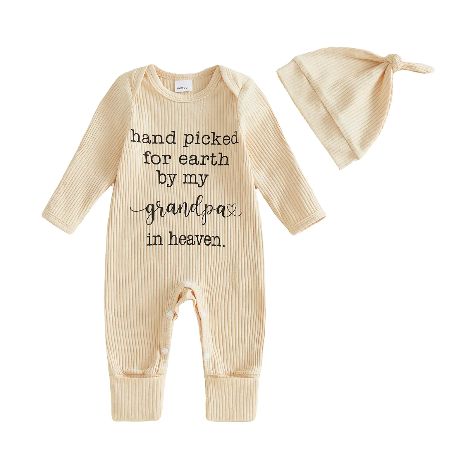 Newborn Baby Boys Ribbed Jumpsuit Long Sleeve Letter Print Romper with Hat Fall Winter 0-12 Months