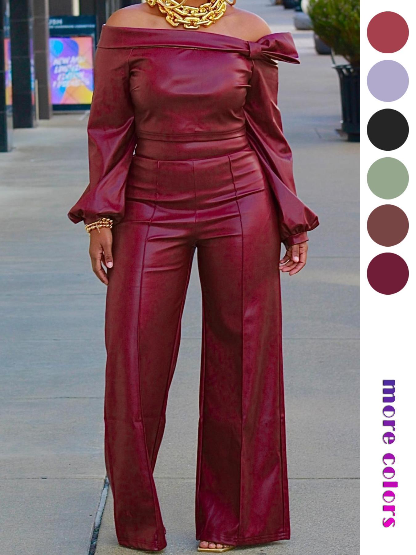 Two-Piece Set Women's Spring Casual Plain Off Shoulder Knot Front Bishop Sleeve Blouse & Wide Leg Pants Set, Solid Color Long Sleeve Top & Trousers Set for Fall, Women's Clothes