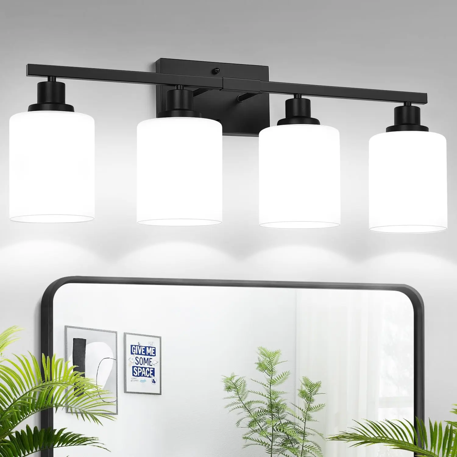 4-Light Matte Black Vanity Light, Milky White Shades Glare-Free Diffuse Glow Mirror Illumination, 27.2 Inches Modern Wall Lamp for Bathroom Over Mirror, Living Room Cabinet