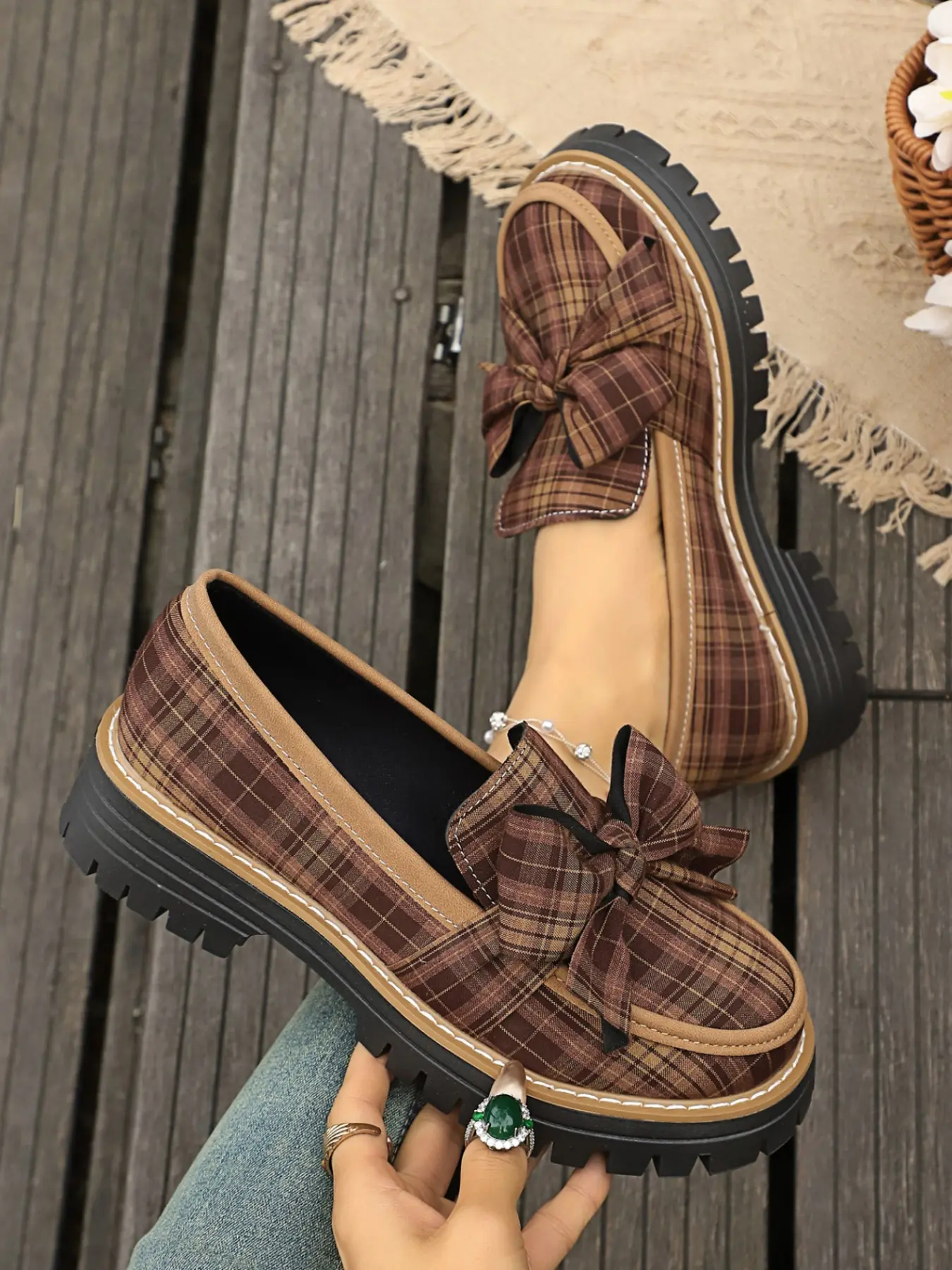 Women's Casual Retro Plaid Bow Thick Sole Loafers, British Style Chunky Heel Platform Shoes, Fall Winter Versatile Check Small Leather Shoes