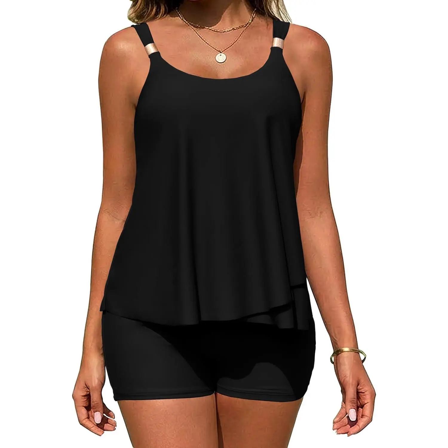 Womens Two Piece Swimsuit Ruffle High Waisted Tankinis Flowy Bathing Suit Modest Swimwear with Pockets (S-26W)