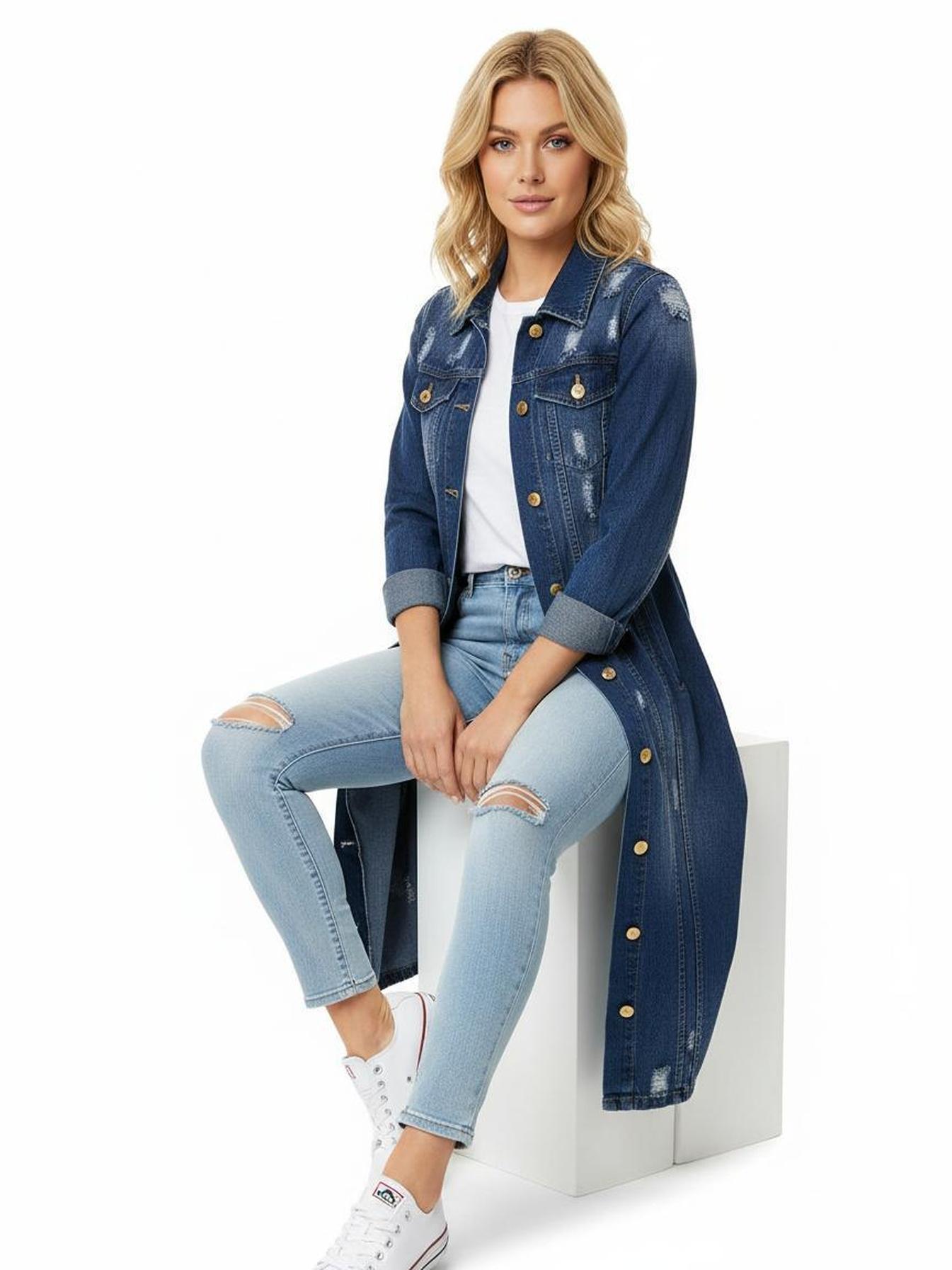 Women's Long Distressed Denim Duster Jacket Button Front Ripped Jean Coat with Pockets