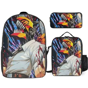 Chain-saw Anime Man Backpack Set, 3 Piece Backpack Set With Lunch Box Pen Box , High Capacity Bookbag Lunch Bag Pencil Case Workplace Travel
