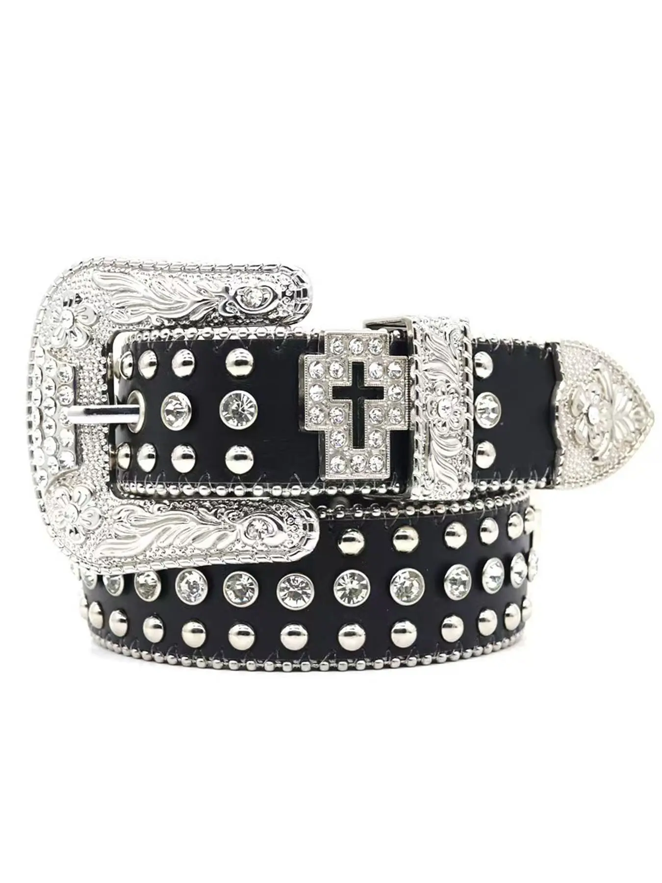 Western Cowboy Style Rhinestone Belt, Unisex Hollow Cross Accessory, Perfect for Jeans,Ppunk Streetwear, Y2K Fashion, Daily Wear