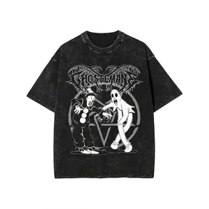 Retro Washed Distressed Black Tshirt, Retro Grunge Pentagram & Cartoon Characters Front Design, Breathable Casual Top for Men Women Alternative & Gothic Wardrobe Staple