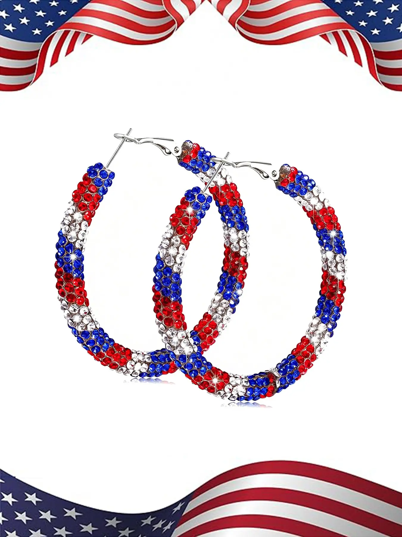 July 4th Independence Day Patriotic Hoop Earrings | Fun Earrings Sparkling Red White Blue Rhinestone Crystal Jewelry for Women Girls | Bohemian Style Patriotic Accessories for 4th of July Parties & Holiday Gifts