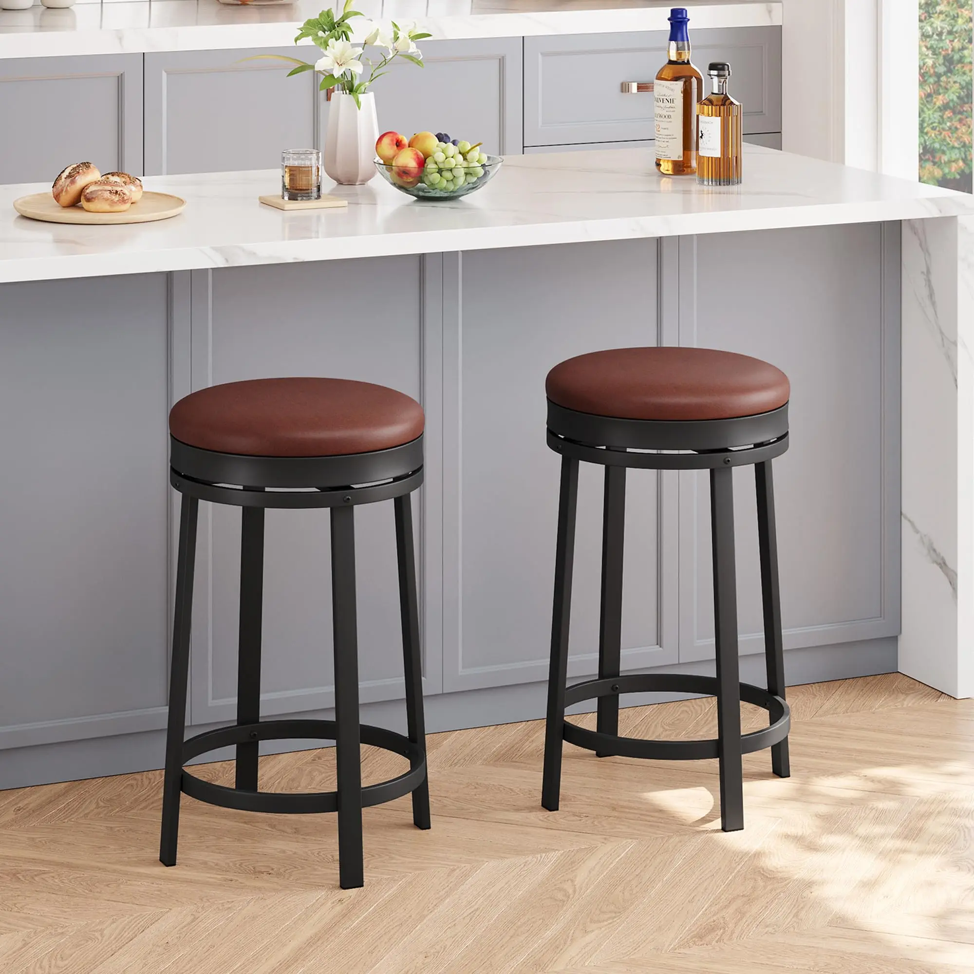 24" 2Pcs/4Pcs Backless Round Swivel Bar Stools, Counter Height, PU Leather Upholstery, Metal Frame & Footrest for Kitchen Island & Home Bar