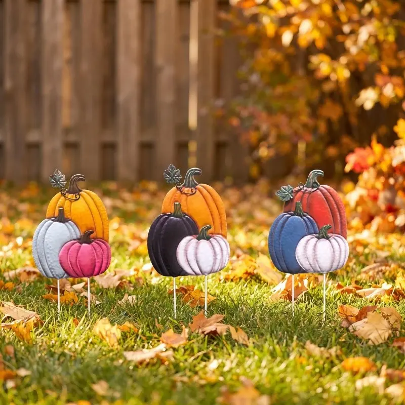 3pcs Thanksgiving Harvest Theme Metal Pumpkin Decorations, Three Color Iron Pumpkin Ground Stakes, Outdoor Garden Festival Decorations