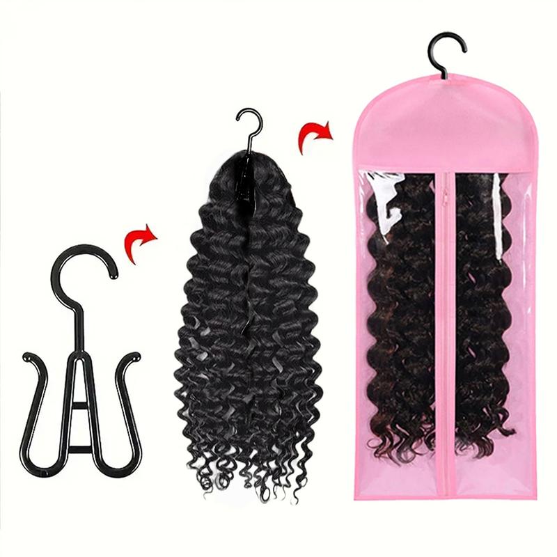 Wig Storage Bag with Hook, 5 Counts/set Synthetic Hair Extensions Transparent Dustproof Wig Storage Bag for Hair Replacement, Curly Hair Extension Holder, Wig Tool, Wigs Accessories for Salon & Home Use