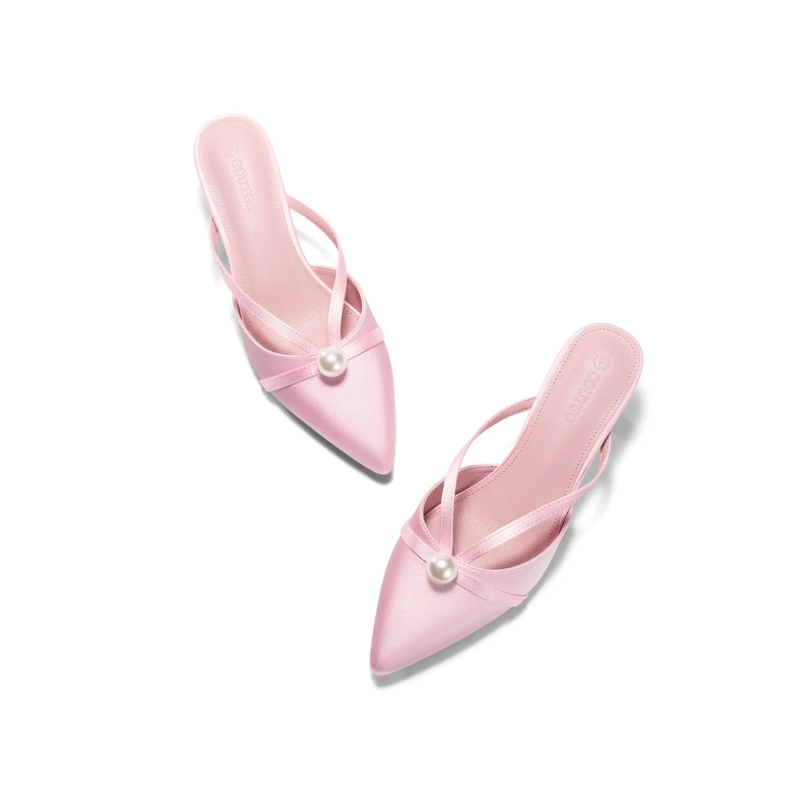 Coutgo Women's Elegant Pointed Toe Kitten Heels, Satin Mules with Pearls, Lightweight Fashion Shoes for Party & Wedding, Casual
