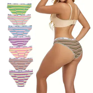 Low Rise Ribbed Cotton Panties with Colorful Letter Print, Striped Breathable Briefs with Double Layer Crotch, Casual Daily Underwear for Young Girls & Students