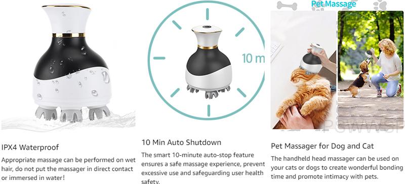Portable electric scalp massager suitable for both pets and humans. Promotes hair growth, relieves stress, and enhances bonding. Rechargeable and waterproof head massager with deep kneading and stress-relieving functions.
