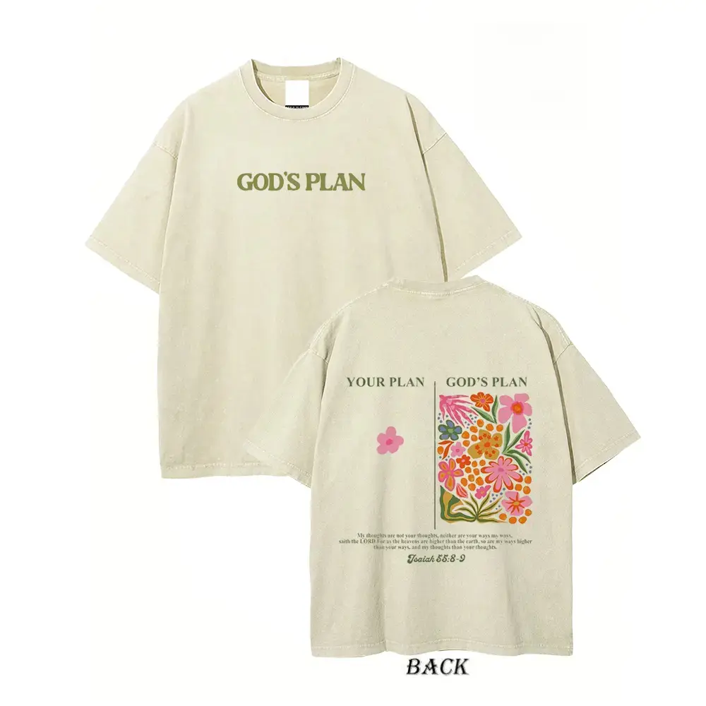 Women's Retro Washed Christian T-Shirt - God's Plan vs Your Plan Floral Graphic, Isaiah 55:8-9 Bible Verse, Shortleeve, Breathable Solid Fabric, Lightweight Streetwear Tops, Shortsleeve, Women's Clothes, T Shirts, Graphic Shirts