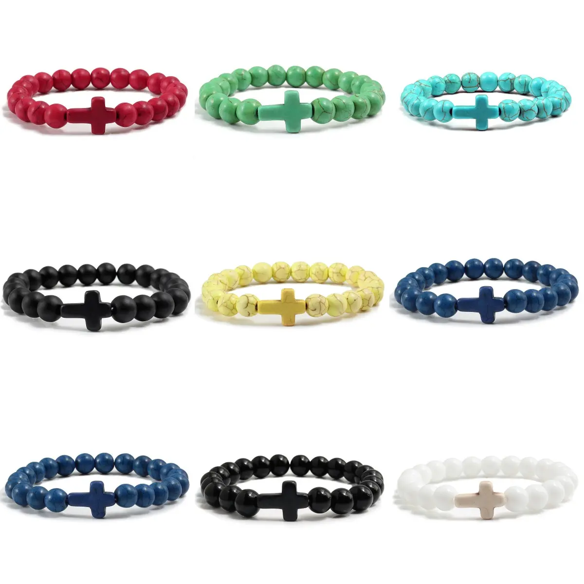 Unisex Natural Turquoise Gemstone Cross Beaded Bracelet Set - Adjustable Matte Black Synthetic Howlite Elastic Metal Spiritual Rosary Wristwear, All Seasons Sports Wristband for Yoga, Healing Gift