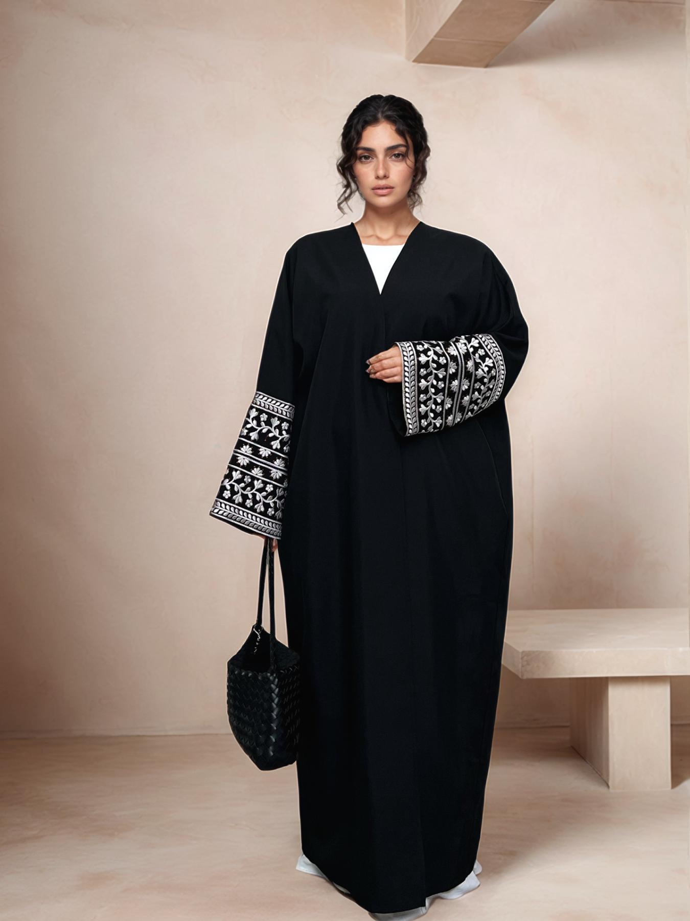 Women's Floral Embroidery Ethnic Pattern Open Abaya Cardigan with Pocket Round Neck Batwing Dress, Casual Modesty Long Sleeve Long Dress for Daily Wear, Modesty Muslim Clothing, Women's Islamic Clothing for All Seasons