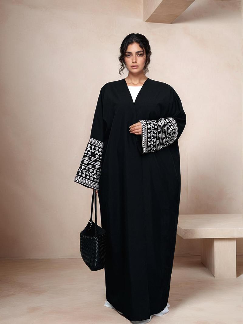 Women's Floral Embroidery Ethnic Pattern Open Abaya Cardigan with Pocket Round Neck Batwing Dress, Casual Modesty Long Sleeve Long Dress for Daily Wear, Modesty Muslim Clothing, Women's Islamic Clothing for All Seasons