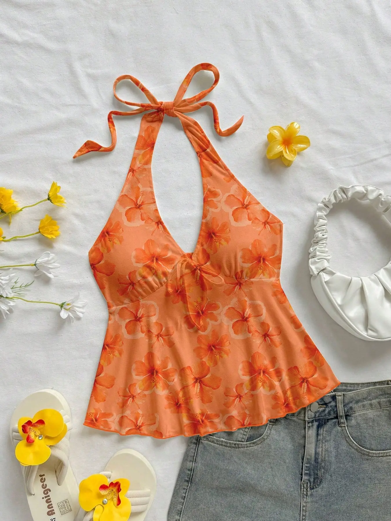 Women's Tropical Floral Print Halter Top Peplum, Elegant Leaf Edge Design, Stylish Summer Clothing, Perfect for Casual Wear, Unique Fashion Piece