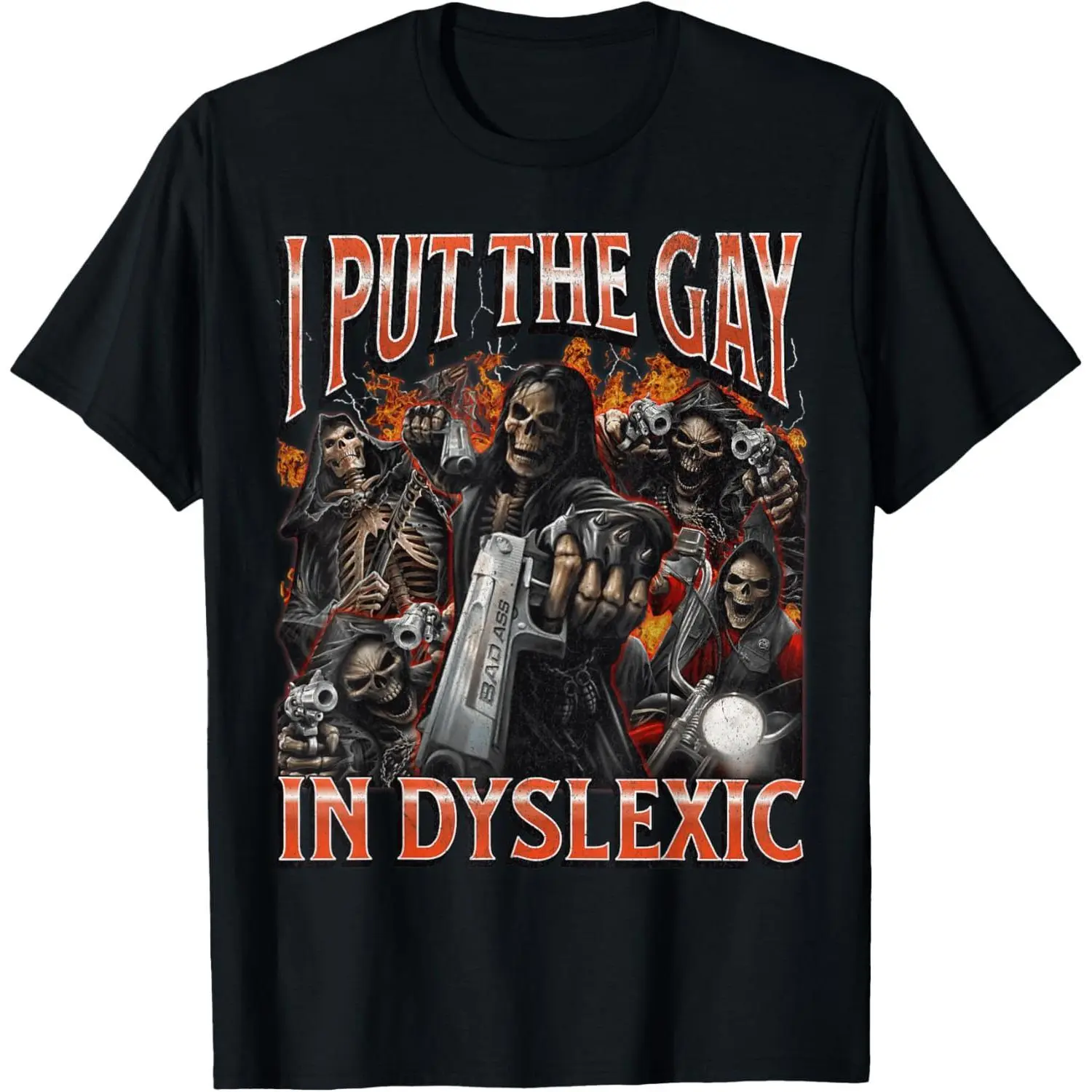Women's Classic Short-Sleeve Round Neck Casual T-Shirt - Funny "I Put The Gay In Dyslexic" Skeleton Meme Shirt, Horror Theme, Breathable Fabric, Loose Relaxed Fit, 1-Piece Top