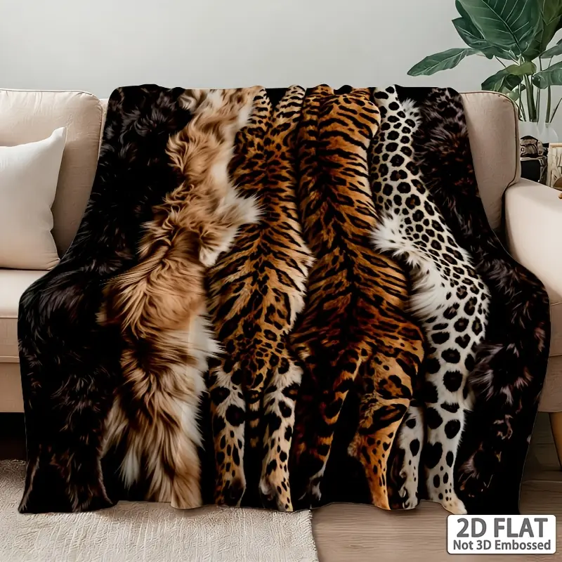 2D flat surface, 1-piece, soft and comfortable blanket, luxurious plush imitation fur print flannel blanket, realistic leopard, zebra, dog, mink, and fox fur animal print ultra-soft blanket, suitable for all seasons, suitable for sofa beds, camping, trave