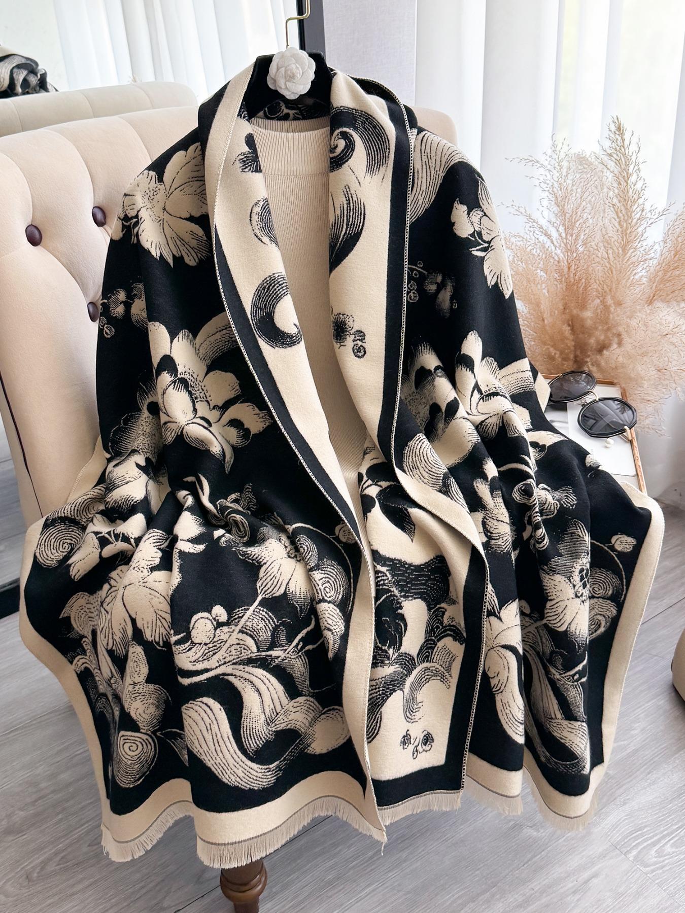 Women's Floral Pattern Raw Trim Shawl, Girlfriend Gifts, Imitation Cashmere Long Scarf, Casual Soft Warm Thick Double Sided Scarf for Fall & Winter, Fashion Accessories for Daily Wear