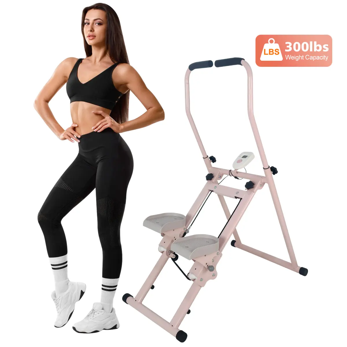 Stair Stepper Folding Vertical Cardio Exercise Climber Stair-Master for Exercise at Home Full Body Workout Machine with Handlebar Pink+White