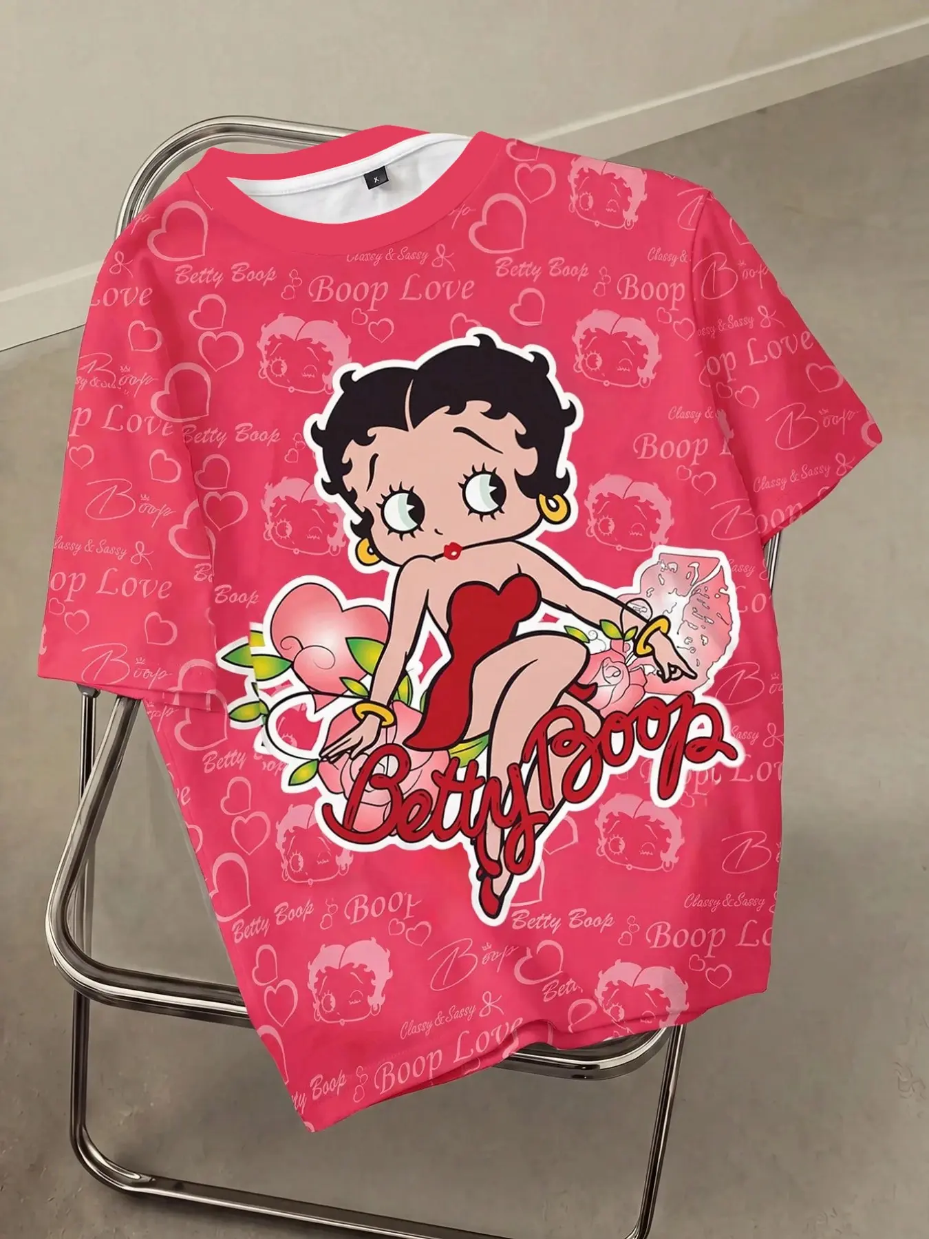 Women's Round Neck Short Sleeve Casual T-Shirt, American Retro Cartoon Lip Print Loose Couple T-Shirt, Cartoon Loose Short Sleeve