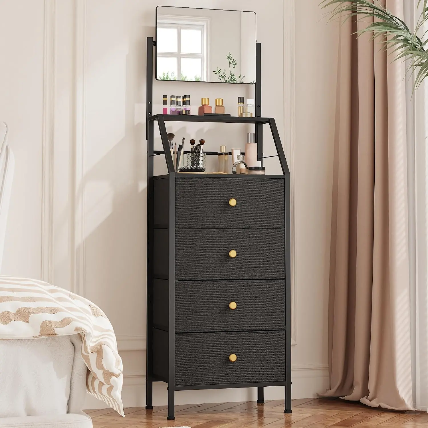 Black 4-Drawer PVC Fabric Dresser with Adjustable Mirror Top - Metal Frame, 2-Tier Shelves, Slim Profile, 15.3" Width Vertical Storage Cabinet for Small Space Bedroom Home Organizer