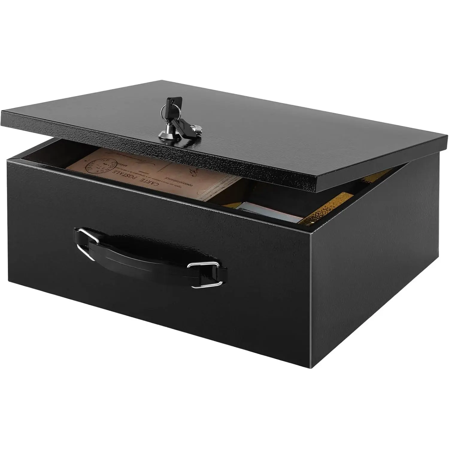 Black Fireproof Document Box with Key Lock, Portable Fire Safe Box for Important Paper and Valuable Item Storage