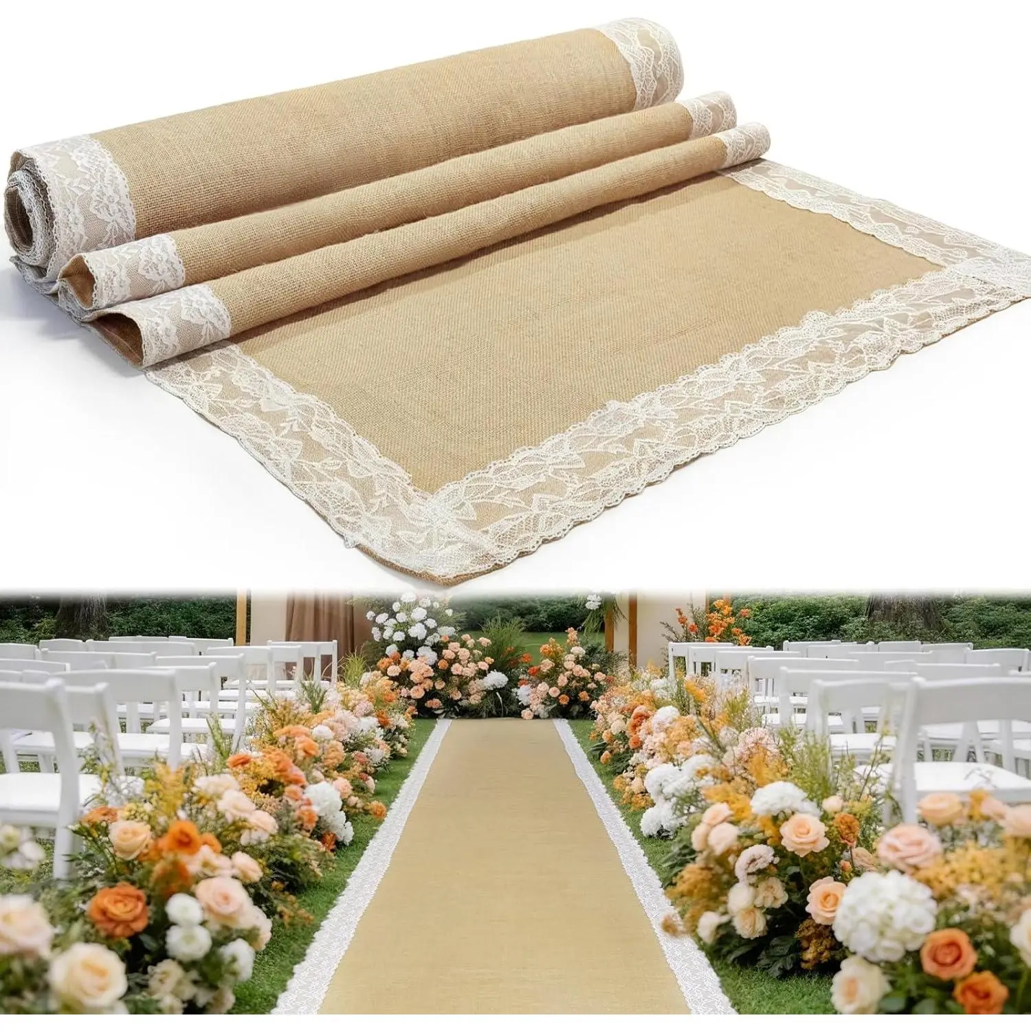 Women's Bra Accessory 3ft x 20ft Burlap Aisle Runner with Lace Edging, Durable Fray-Resistant Rustic Jute Roll for Wedding Walkway, Award Ceremonies, Bridal Showers Decor, Indoor, Ceremony, Parties, Stage Décor, Natural Linen, Wedding Aisles, Lace Border,