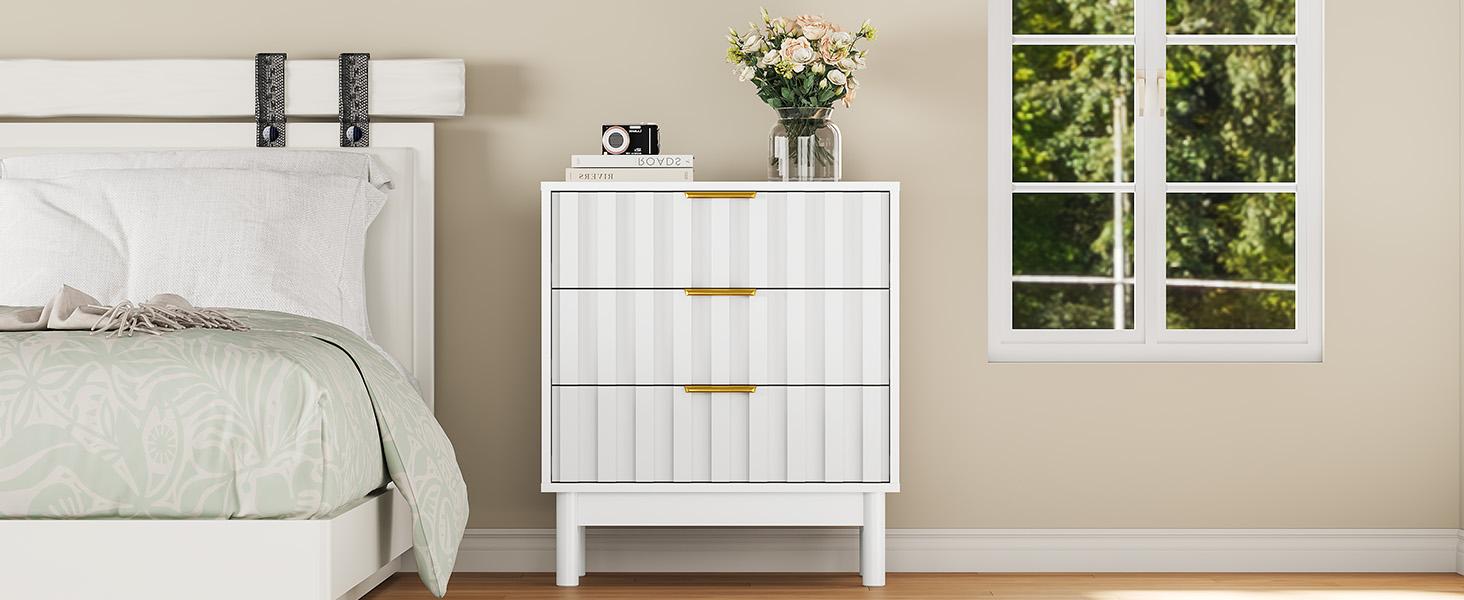 Royal Craft 3 Drawer Dresser, Modern Chest of Drawers with Fluted Panel Design, Wooden Storage Nightstand Side Table with Chic Edge Pull, Perfect for Bedroom, Living Room, Entryway Royal Craft 3 Drawer Dresser, Modern Chest of Drawers with Fluted Panel Design, Wooden Storage Nightstand Side Table with Chic Edge Pull, Perfect for Bedroom, Living Room, Entryway