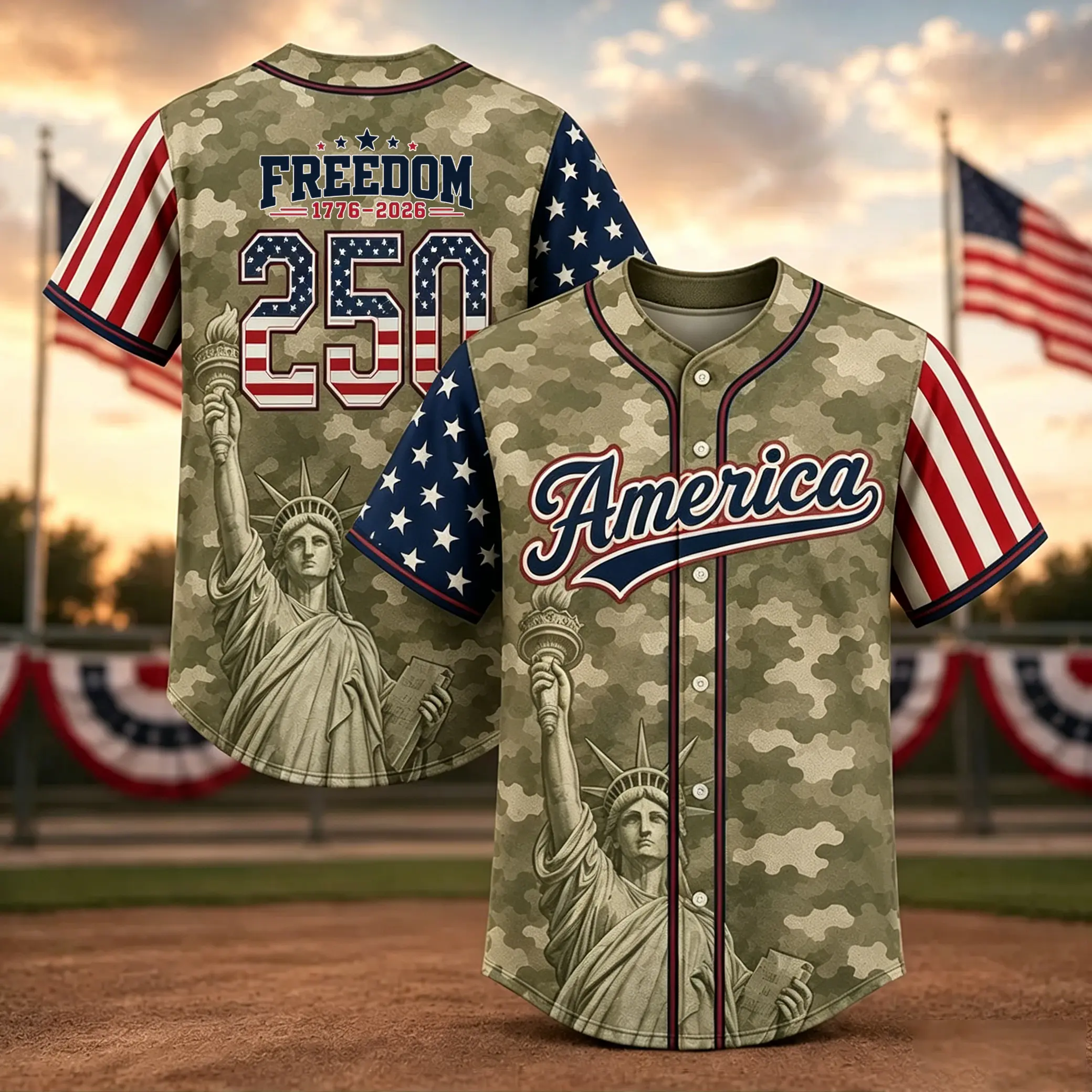 Patriotic Style Baseball Jersey, Camo Flag Sleeve Apparel Jersey, Star-Striped US Flag Print, Vintage Military Retro Oversized Design, Independence Day Veteran Casual Gift #TikTokMadeMeBuyIt