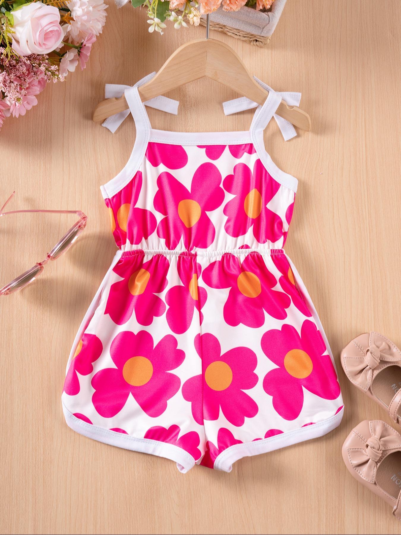 Toddler Girl's Floral Print Bow Tie Waist Romper, Cute Sleeveless Romper for Holiday Vacation, Toddler Outfit, Kids Clothes for Summer, Baby Girl Clothes